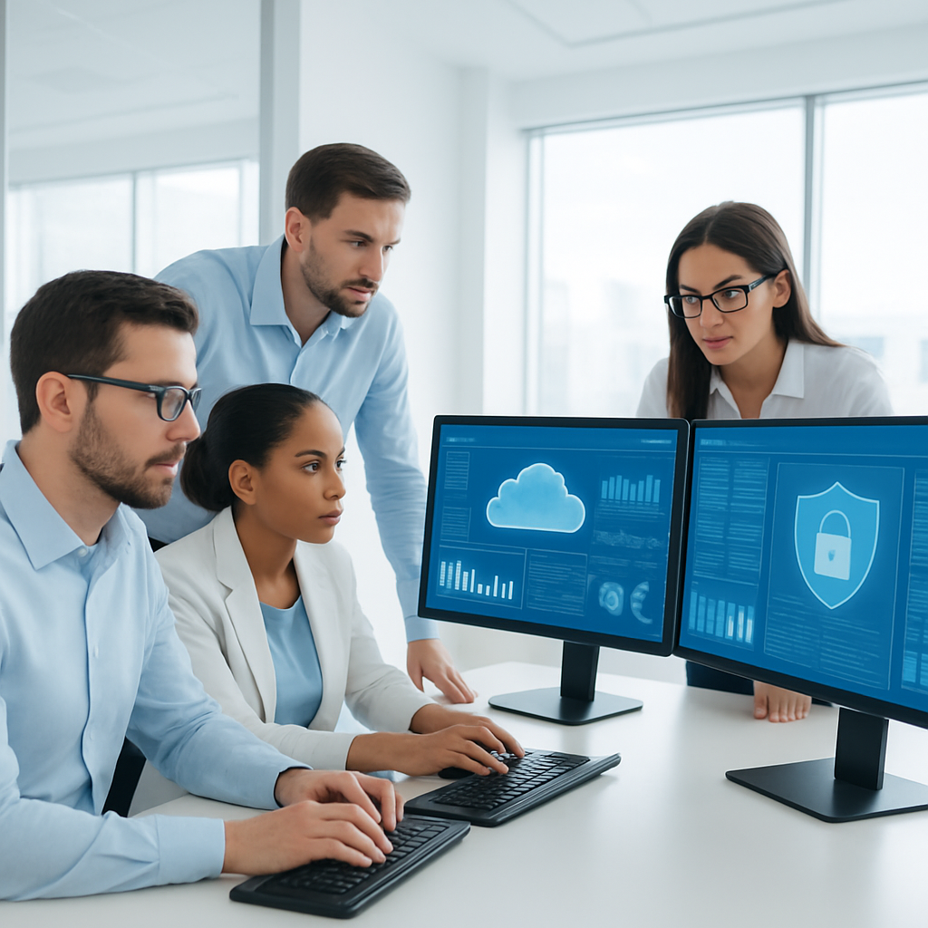 IT consulting team collaborating on cloud and security dashboards in a modern office